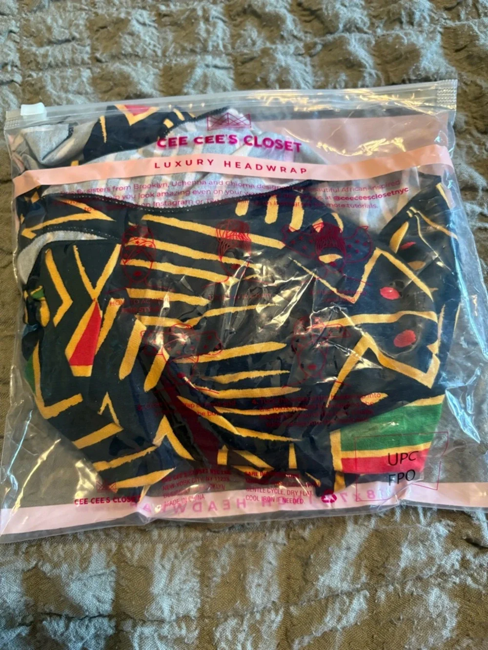 NWT Cee‎ Cee’s Closet Headwrap African Print Ankara Black Gold 18x72 Wrap (0661)